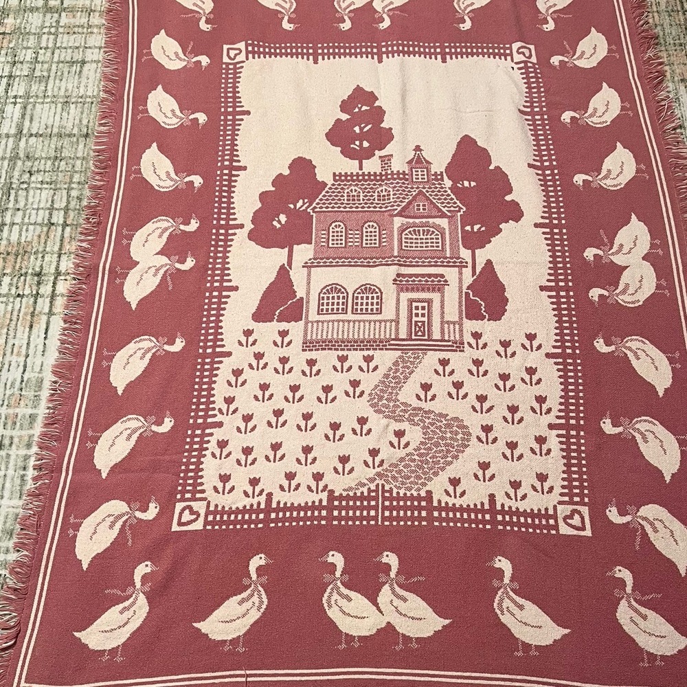 Vtg Fieldcrest Pink Cottagecore Geese Throw Blanket Cotton Woven Farmhouse